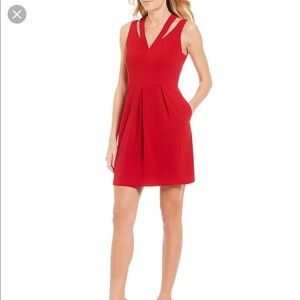 CeCe Sleeveless Invert-Pleat Shoulder Cutout Dress